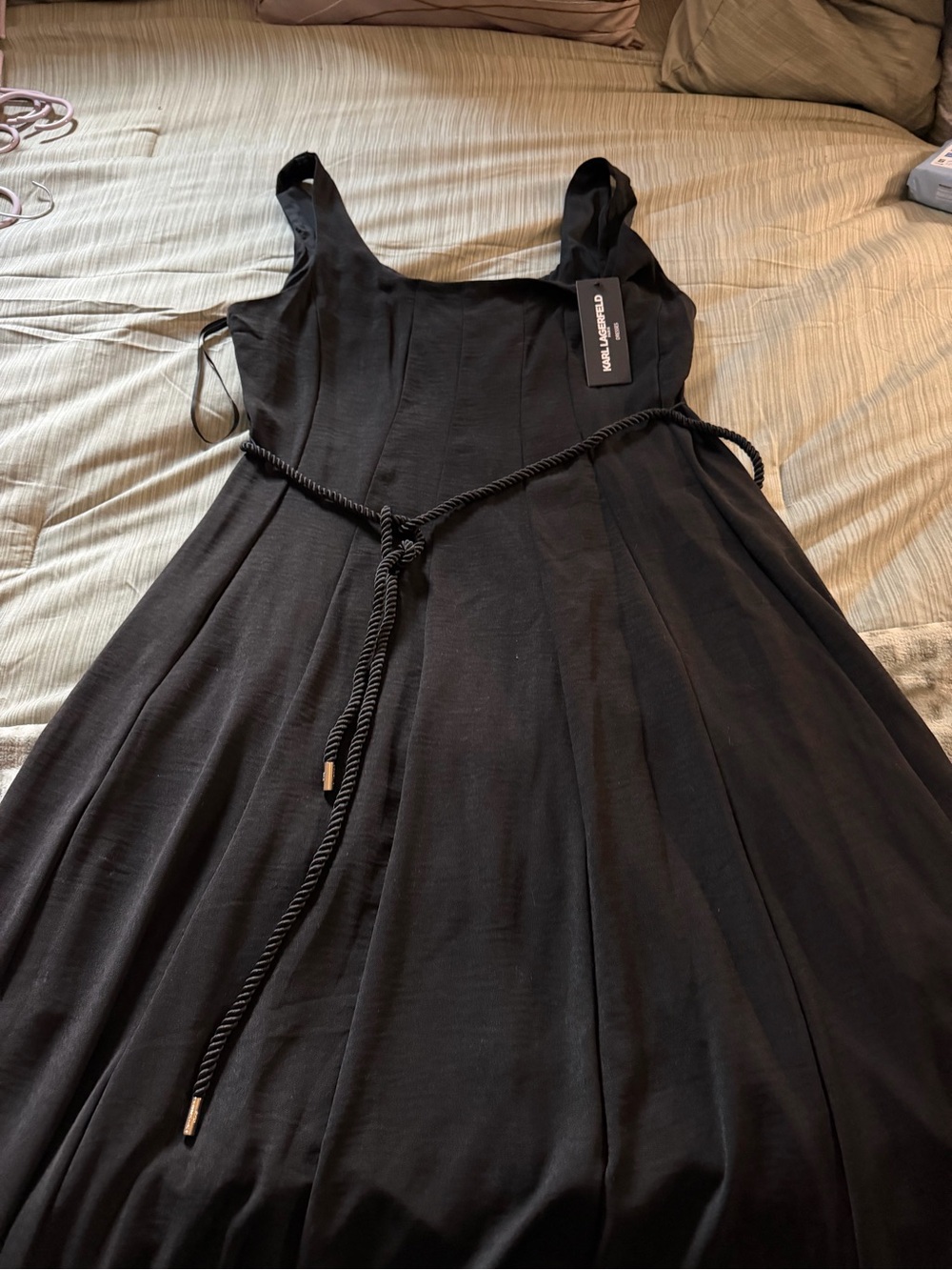 Karl Lagerfeld Black Sleeveless Maxi Dress with Braided Rope Belt